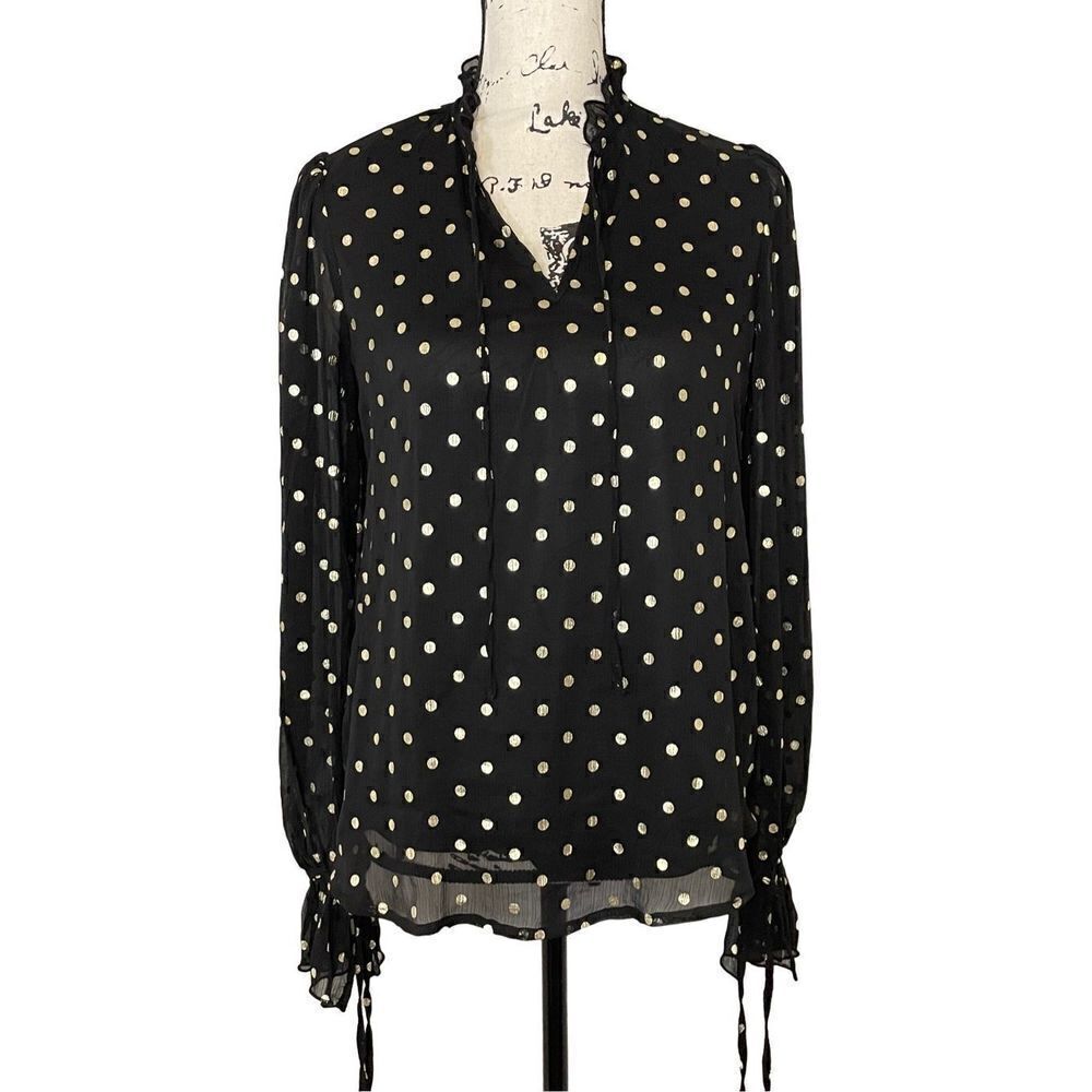Autres Filles Blouse Womens Small Black Gold Polka Dot Ruffle Tie Neck Excellent